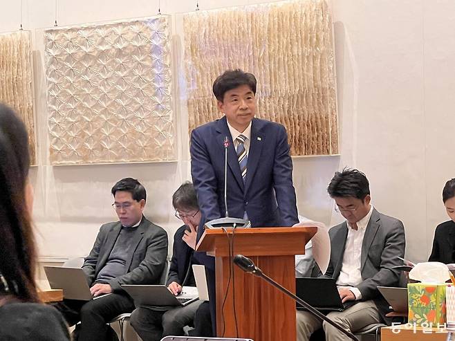 미국 뉴욕 맨해튼 주 유엔 한국대표부에서 열린 국정감사에서 차지훈 주 유엔대사가 모두발언을 하고 있다. 뉴욕=임우선 특파원