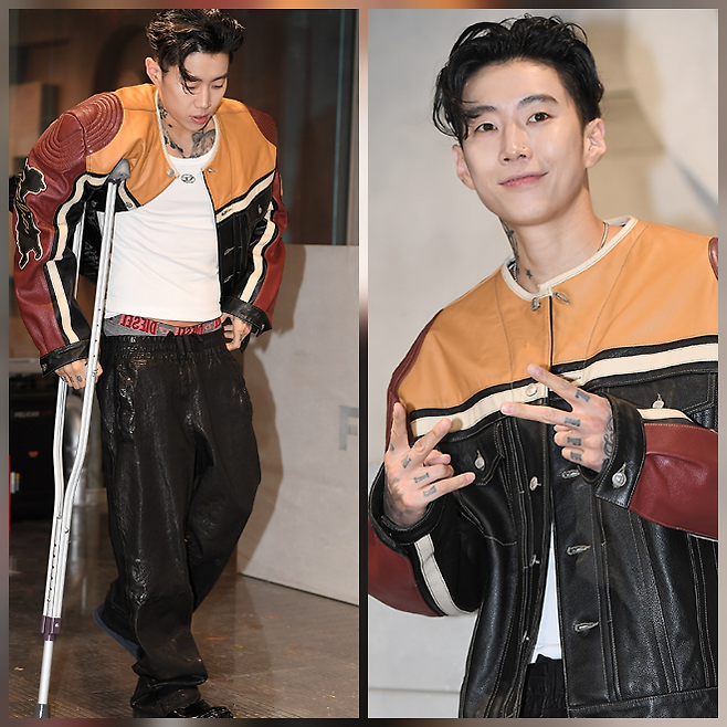 박재범이 논란 이후 목발을 짚고 공식석상에 모습을 드러냈다. 사진=천정환 기자