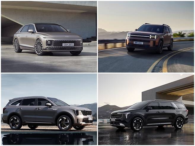 현대차 그랜저(위쪽 첫 번째부터 시계방향), 싼타페, 기아 카니발, 쏘렌토 [각사 제공]