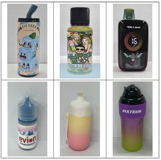 액상형 전자담배 제품 용기 예시. 서울대학교·한국건강증진개발원의 <액상형 전자담배 제품 현황 및 인식 조사 연구>(2025) 발췌.