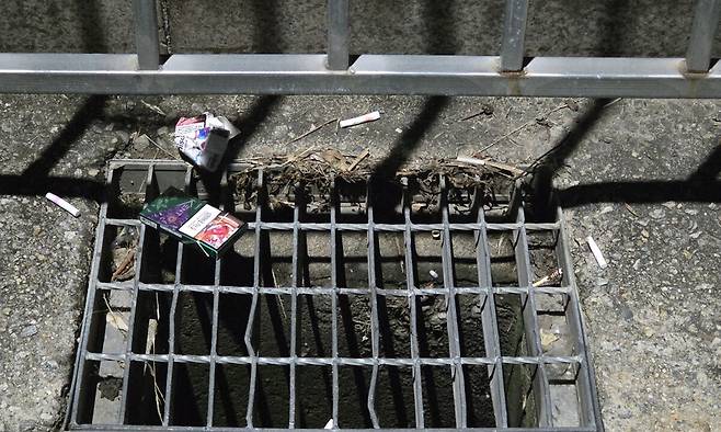 춘천 막국수·닭갈비 축제장 인근 주택가 도로에 담배꽁초들이 널브러져 있다. 인근 주민들이 계속해서 치우고 있지만 꽁초는 줄지 않는다. 배상철 기자