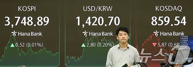 17일 오후 서울 중구 하나은행 딜링룸 전광판에 종가 기준 사상 최고가를 경신한 코스피 지수가 나타나고 있다. 이날 코스피는 전일 종가와 비교해 0.52포인트(p)(0.01%) 상승한 3748.89로 마감했다. 2025.10.17/뉴스1 ⓒ News1 박지혜 기자
