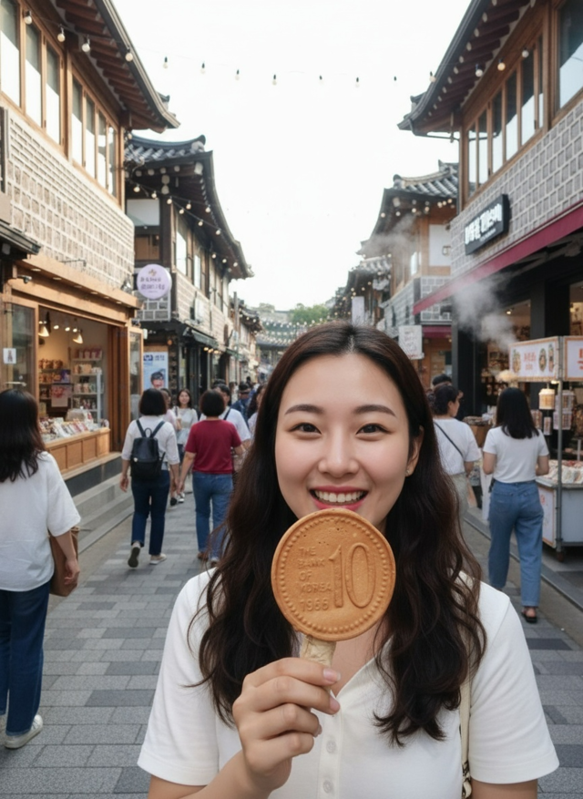 아시아태평양경제협력체(APEC) 정상회담이 열리는 경주의 인기 관광지 ‘황리단길’에서 10원빵을 들고 기념촬영하는 한 관광객의 모습 [조폐공사 제공]