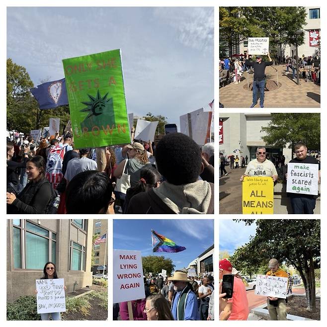 18일(현지시각) 미국 워싱턴 중심 펜실베이니아 에비뉴에는 ‘노 킹스(No Kings)’ 시위에 참석하려는 수만명의 사람들이 다양한 팻말을 들고 있다. 워싱턴/김원철 특파원