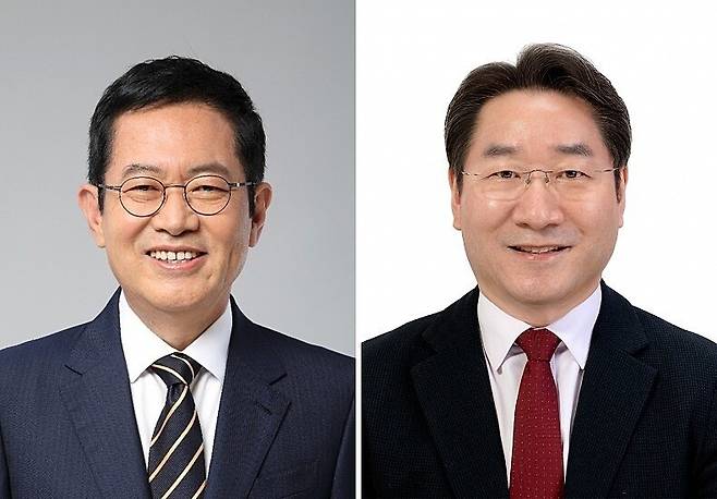 2022년 6월1일 지방선거에서 인천시장으로 겨룬 박남춘 민주당 후보와 유정복 국민의힘 후보. 선거관리위원회 제공