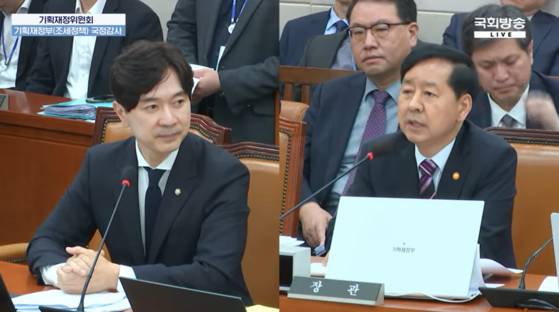 박성훈 국민의힘 의원(왼쪽)이 지난 14일 국회 기획재정위원회 국정감사에서 구윤철 부총리를 향해 질의하고 있다. 국회방송 캡쳐