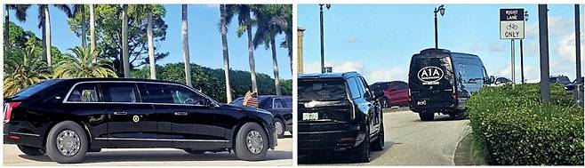 도널드 트럼프 미국 대통령이 탑승한 캐딜락 리무진이 18일(현지시간) 플로리다주 웨스트팜비치에 있는 ‘트럼프 인터내셔널 골프클럽’을 빠져나오고 있다(왼쪽 사진). 이재용 삼성전자 회장, 최태원 SK그룹 회장, 정의선 현대자동차그룹 회장, 구광모 LG그룹 회장, 김동관 한화그룹 부회장 등이 탑승한 것으로 추정되는 검은색 리무진 버스가 라운드 이후 팜비치섬에 있는 호텔로 향하고 있다(오른쪽 사진).  연합뉴스