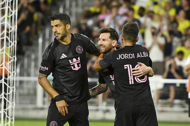 내슈빌 SC와 경기에서 득점 후 기뻐하는 메시와 동료들. Steve Roberts-Imagn Images(연합뉴스)