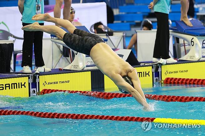 전국체전 계영 800m 마지막 주자로 나선 황선우 (부산=연합뉴스) 신현우 기자 = 19일 부산 아시아드주경기장에서 열린 제106회 전국체육대회 수영 남자 계영 800m에서 황선우(강원도청)가 마지막 주자로 스타트하고 있다. 2025.10.19 nowwego@yna.co.kr