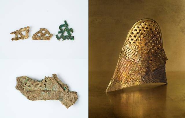 경주 황남동 1호 목곽묘에서 발견된 금동관의 상부(왼쪽 위 사진)와 하부(왼쪽 아래 사진) 일부 모습. 금관총에서 발견된 모관(오른쪽 사진)과 유사하다. 신라문화유산연구원·국립경주박물관 제공