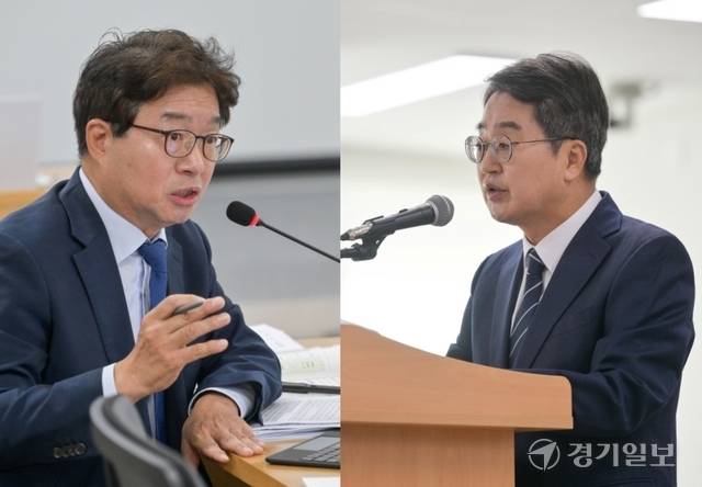 더불어민주당 염태영 의원(왼쪽)은 20일 경기도청에서 열린 국회 국토교통위원회의 경기도 국정감사에서 김동연 경기도지사를 향해 수도권 교통과 첨단산업 정책을 핵심 현안으로 거론했다. 윤원규기자