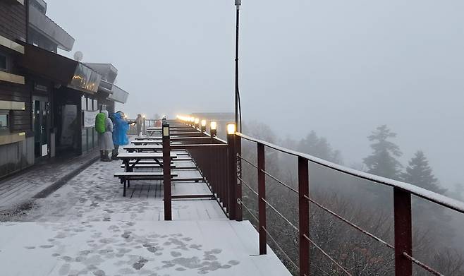 강원지역 곳곳에 초겨울 추위가 닥친 20일 설악산 국립공원 소청대피소 일원에 첫눈이 내리고 있다. [설악산 국립공원 사무소]