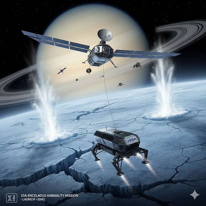 유럽우주국(ESA)은 2042년 토성의 위성 엔켈라두스에 탐사선과 착륙선을 보낼 계획을 추진 중이다. 그림은 그 상상도이다. 뒤로 고리가 있는 토성이 보인다./interplanetary.tv