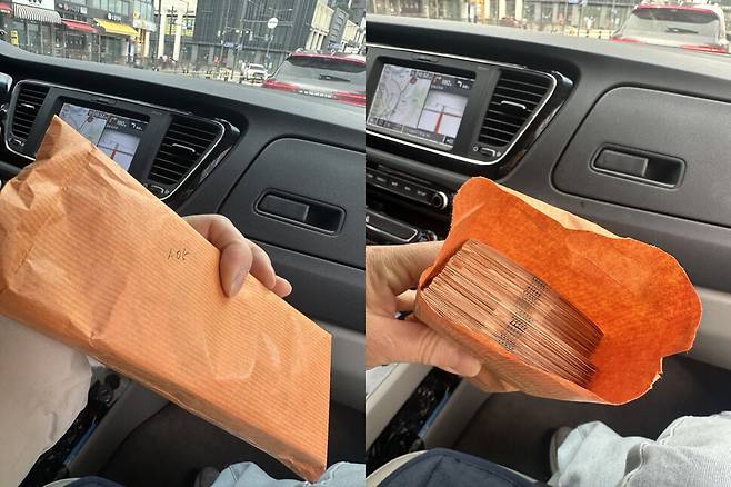 2025년 4월9일 탈북 브로커 황지성씨 부부가 슈퍼맨 목사에게 받은 후원금 일부를 리베이트로 되돌려주고 있는 모습. 황지성씨 제공