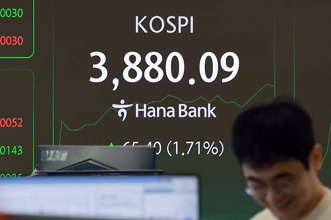 ‘파죽지세’로 상승 중인 코스피가 21일 3880포인트를 넘어서면서 3900포인트 고지까지 탐색하고 있다. SK하이닉스와 삼성전자 등 대형주 랠리로 초강세장이 연출되고 있는 것이다. 이날 오전 서울 중구 하나은행 본점 딜링룸의 시세 전광판이 3880.09를 나타내고 있다.  [연합]