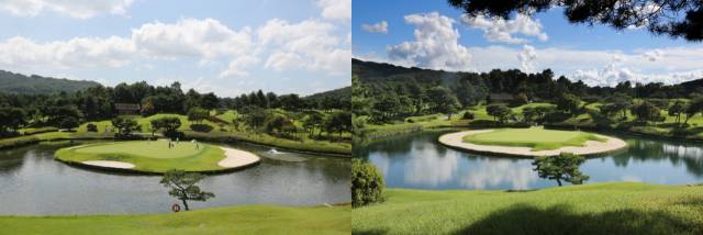 우정힐스 13번 홀의 리뉴얼 전(왼쪽부터)과 후의 모습. 사진 제공=우정힐스