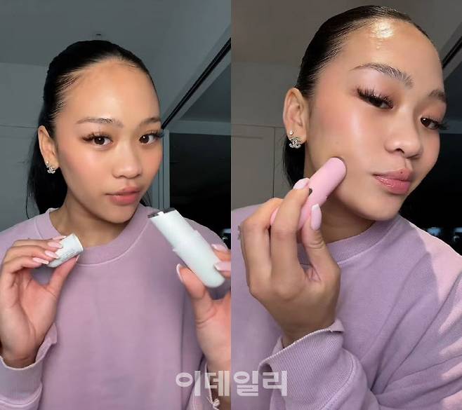 LG 프라엘 수퍼폼 갈바닉 부스터를 체험하고 있는 미국 올림픽 체조 금메달리스트 수니 리(사진=LG생활건강)