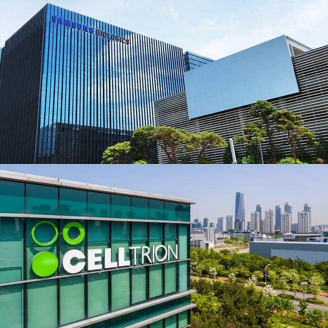 삼성바이오로직스 4공장(위)·셀트리온 본사 전경. /각 사