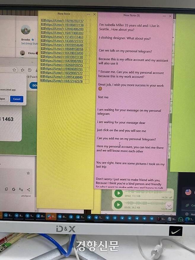 한 텔레그램 채널에 공유된 로맨스 스캠(연애 빙자 사기) 대본. 중국인 채널 사용자들은 검거 당시나 평소에 이런 장면들을 찍어 게시판처럼 다른 이용자들과 정보를 교환하고 있었다. 텔레그램 채널 대화 내용 갈무리