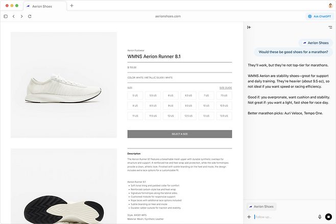챗GPT 아틀라스의 예시 화면. 웹사이트를 탐색하다 챗GPT 사이드바에서 챗GPT에게 질문과 각종 요청을 할 수 있다. 오픈AI 제공