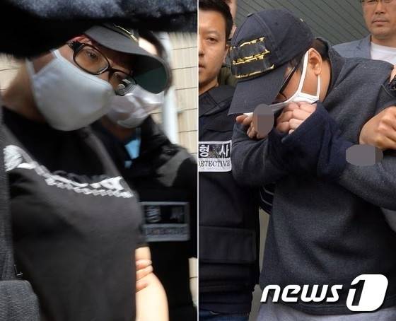 중학생 딸을 살해하고 유기한 친모(왼쪽)와 계부가 영장실질심사를 받기 위해 광주지법으로 이송되고 있다.   뉴스1