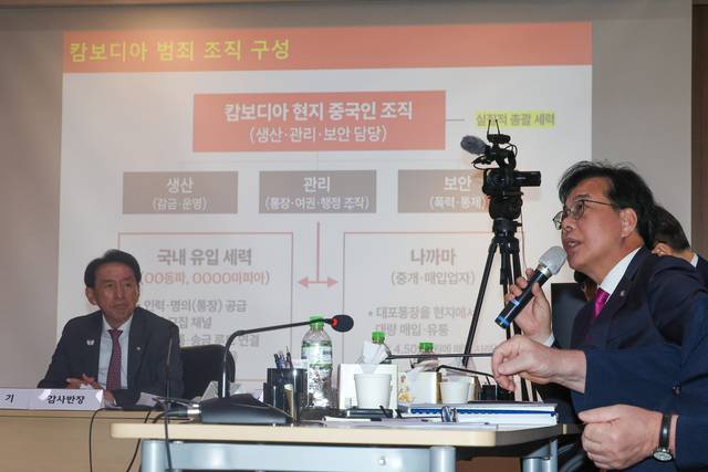 지난 10월 22일(현지시간) 캄보디아 프놈펜 주캄보디아 한국대사관에서 열린 국회 외교통일위원회 아주반 주캄보디아·주베트남·주태국·주라오스대사관 국정감사에서 송언석(오른쪽) 국민의힘 원내대표가 남석현 캄보디아 경찰영사에게 질의하고 있다. 왼쪽은 국민의힘 소속 김석기 외통위원장.<연합뉴스 사진>