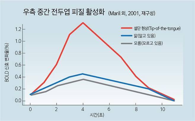 머릿속에 분명히 저장돼 있는데 떠오르지 않는 설단 현상이 두뇌를 가장 활성화하는 것으로 나타났다. 그래프의 붉은 선이 이를 나타낸다. 이 그래프는 본문에 인용된 논문 중 그래프를 재가공한 것. 그래픽=윤상선 디자이너