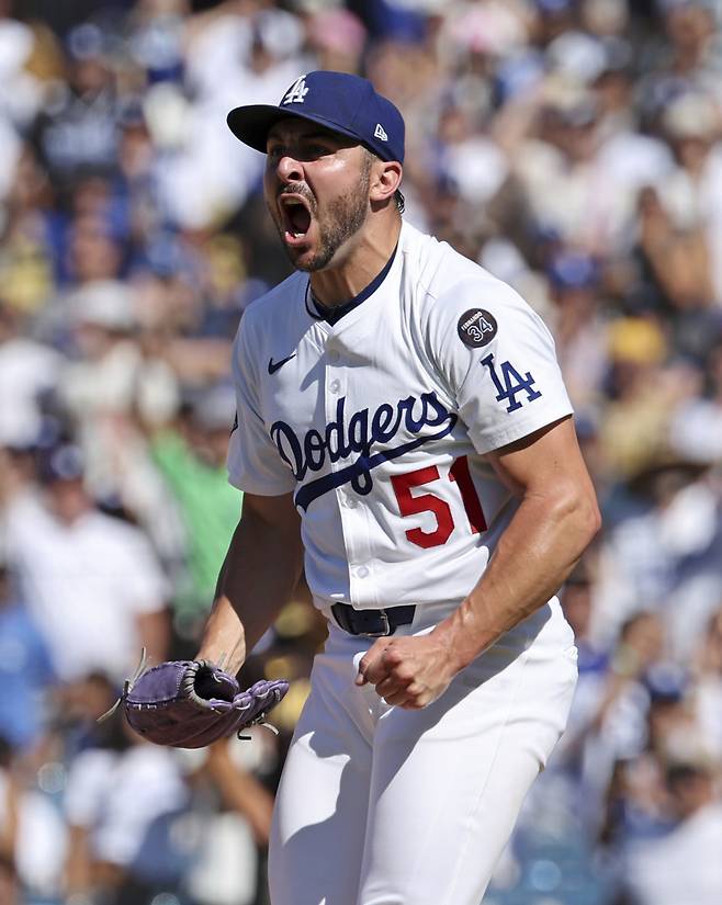 LA 다저스 알렉스 베시아가 포효하고 있다. AP 연합뉴스
