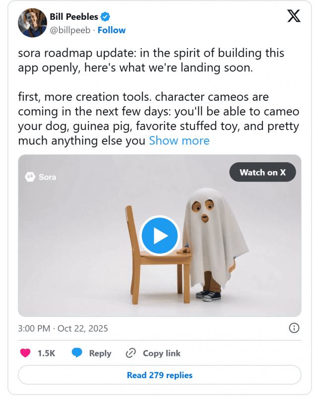 빌 피블스 오픈AI 소라 책임자가 소라 업데이트를 예고했다. (사진=X 계정 캡처)