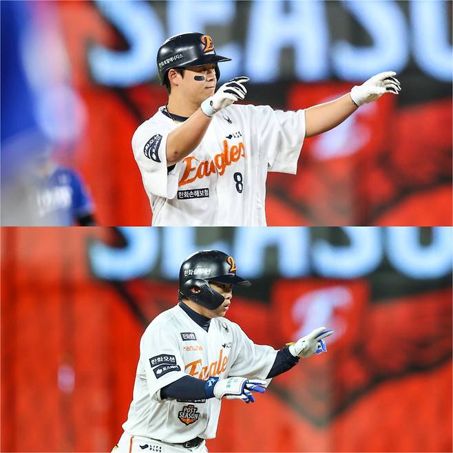 노시환(위)와 문현빈이 한화 이글스의 한국시리즈 진출을 이끌었다. 사진=한화 이글스