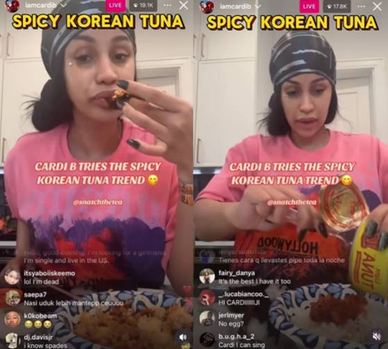 미국 팝스타 카디비가 인스타그램 라이브 방송에서 한국의 고추참치를 먹고 있다. 커뮤니티 캡처