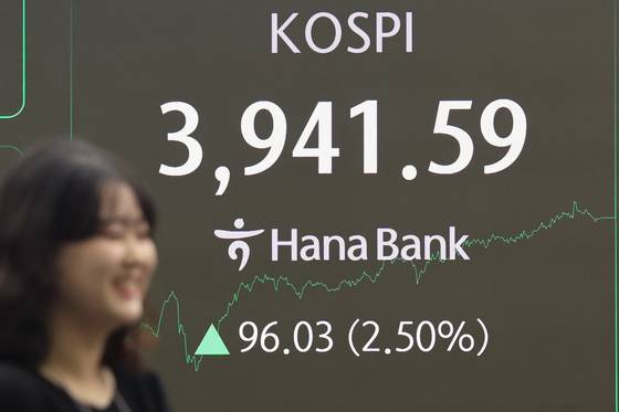 A screen in Hana Bank's trading room in central Seoul shows the Kospi closing at 3,941.59 points on Oct. 24, up 96.03 points, or 2.5 percent, from the previous trading session. [NEWS1]