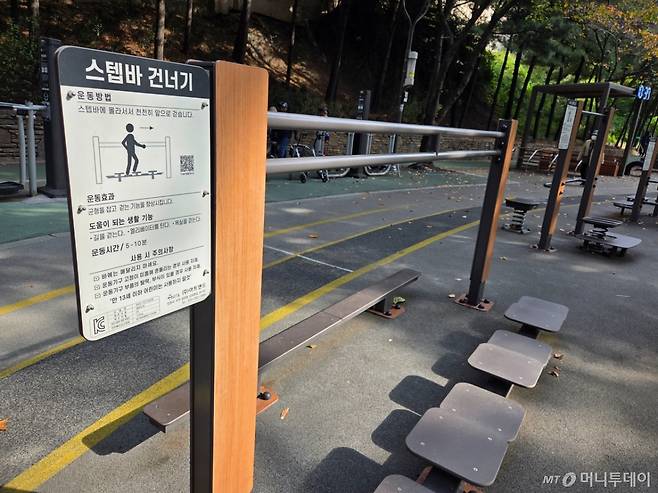 서울 양천구 장수공원 어르신 놀이터에 비치된 운동 기구. '스텝바 건너기'를 통해서는 걷기 연습을 할 수 있다. /사진=김서현 기자.