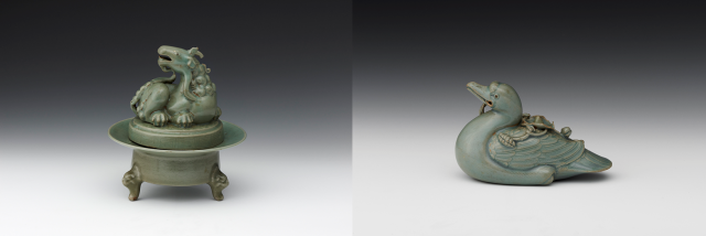 국보로 지정된 12세기 걸작 '청자기린유개향로(왼쪽)'와 '청자오리형연적'. 사진 제공=간송미술문화재단