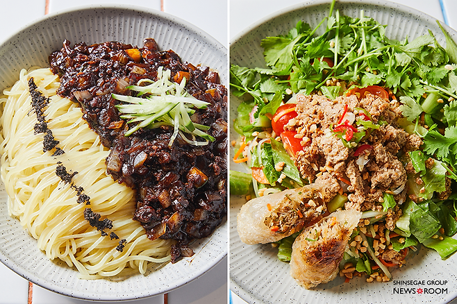 식물성 트러플 짜장면과 식물성 분짜 짜조 채소트리오