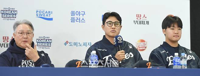 한화 채은성이 25일 서울 잠실구장에서 열린 2025 KBO 포스트시즌 한국시리즈 미디어데이에서 기자들의 질문에 답하고 있다. 잠실 | 최승섭기자 thunder@sportsseoul.com