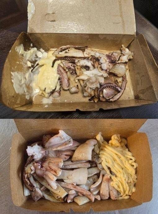 한 네티즌이 "바가지를 썼다"며 온라인 커뮤니티에 올린 사진(위). 제주 서귀포시 매일올래시장 상인회가 제공한 1만 5000원짜리 철판오징어 정량을 찍은 사진(아래). 보배드림·상인회