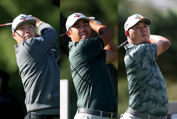 한국프로골프(KPGA) 투어와 DP월드투어(옛 유러피언투어)가 공동 주관하는 2025년 제네시스 챔피언십에 출전한 임성재, 안병훈, 김시우 프로가 2라운드에서 경기하는 모습이다. 사진제공=KPGA (사진을 무단으로 사용하지 마십시오.)