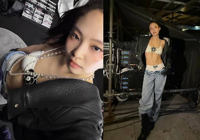 그룹 블랙핑크 제니가 고수위 노출 의상을 공유했다. 해당 사진은 가죽 재킷 안에 흰색 브라와 팬츠를 입은 제니의 모습. /사진=블랙핑크 제니 인스타그램 캡처