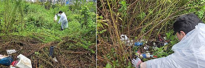 광주 일부 공터에 쓰레기가 무단투기 돼 미관 훼손은 물론, 악취로 인근 주민들이 피해를 입고 있으나 사유지여서 관할 당국이 정비를 하지 못하는 등 해법이 필요한 상황이다. 사진은 남구 임암동 한 공터로 무성하게 자란 풀 사이에  비닐, 스티로폼, 음식물 등 쓰레기들이 널브러져 있다./윤찬웅 수습기자