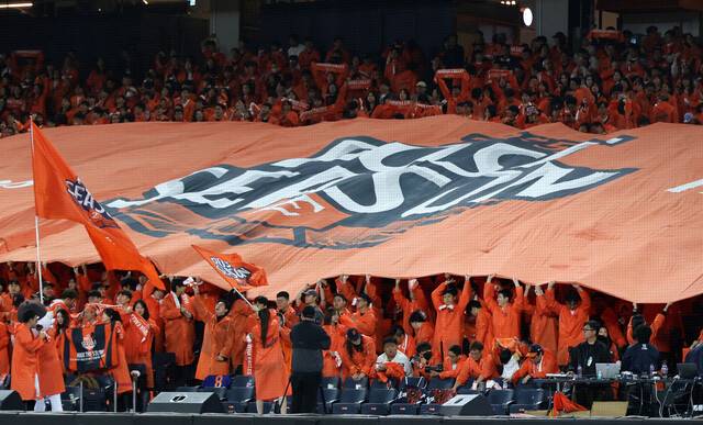 한화 이글스 팬들이 24일 대전 한화생명 볼파크에서 열린 2025 KBO리그 플레이오프 삼성 라이온즈와 5차전에서 힘차게 응원하고 있다. 연합뉴스