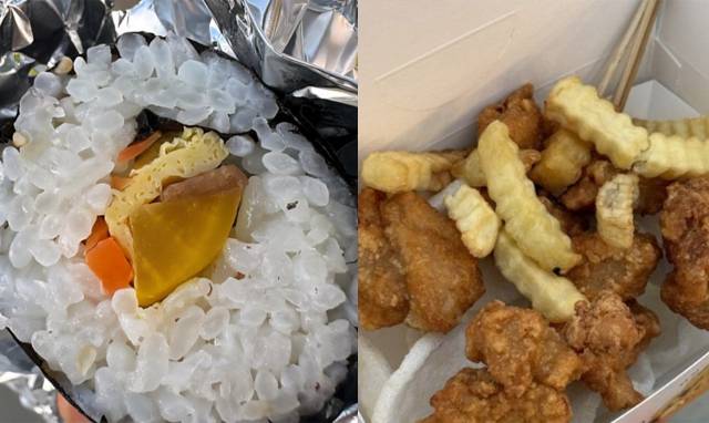 제주도의 탐라문화제에서 판매된 김밥(왼쪽)과 진주 남강유등축제에서 판매된 닭강정. 사진=SNS 갈무리