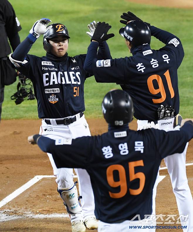 27일 잠실구장에서 열린 한국시리즈 1차전 LG 트윈스와 한화 이글스의 경기. 1회초 1사 1루 한화 문현빈이 투런포를 날린 뒤 환호하고 있다. 잠실=박재만 기자 pjm@sportschosun.com/2025.10.27/