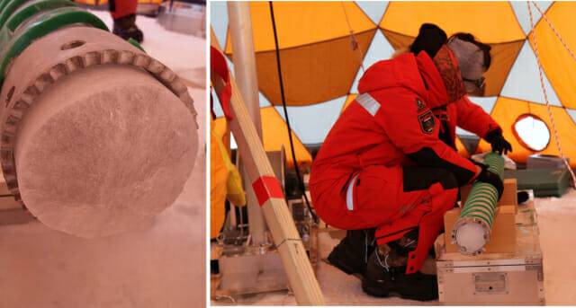 극지연구소가 남극 스틱스(Styx) 빙하에서 핵실험 흔적을 찾기 위해 시추한 얼음을 분리하는 모습(오른쪽)과 빙하코어.(사진=극지연구소)
