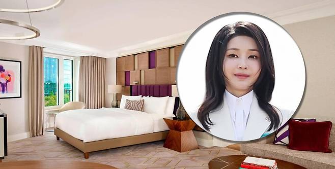 배경은 지난해 독일·덴마크 순방을 앞두고 김건희 여사 전용 접견실이 마련된 독일 한 호텔의 해당 객실 사진. 이재정 의원실 제공. 김건희 여사 사진은 윤석열 대통령실 제공.