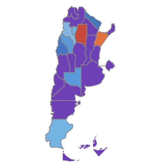 26일(현지시간) 아르헨티나 중간선거 개표 90%이상 기준. 보라색은 하비에르 밀레이 대통령의 여당. 사진 아르헨티나 개표 사이트