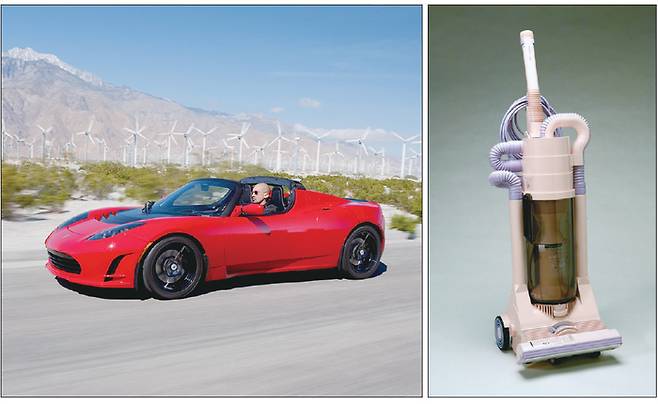 거듭된 실패를 극복하고 결국 큰 성공을 거머쥔 기업 제품이 여럿이다. 사진 왼쪽은 테슬라가 2008년 선보인 초창기 전기차 ‘로드스터’. 일론 머스크 테슬라 CEO는 당시 의도적으로 미완성된 제품을 내놔 시장 피드백을 받았고, 결국 모델3와 모델S 성공 밑거름이 됐다. 오른쪽은 1990년대 다이슨 초창기 청소기 모델 G-force. 창업주 제임스 다이슨은 4년 동안 5126개 실패작을 폐기한 후에야 첫 제품을 완성할 수 있었다. (테슬라, 사이언스뮤지엄그룹 제공)