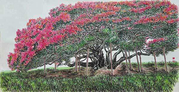 부산 양정동 배롱나무 146×76cm 한지에 수묵담채. 국내에서 가장 오래된 부산 양정동 배롱나무는 1965년 천연기념물 제168호로 지정됐다. 나이는 약 800살로 추정되며 안일호장安逸戶長을 지낸 부산 동래정씨 시조의 묘소 앞에 양 옆으로 두 그루가 자리하고 있다.