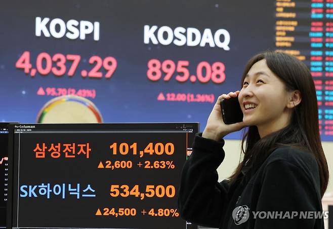 코스피 장중 '4,000' 돌파 (서울=연합뉴스) 이진욱 기자 = 27일 서울 영등포구 여의도 한국거래소 홍보관에 코스피, 삼성전자, SK하이닉스 지수가 표시돼 있다. 2025.10.27 cityboy@yna.co.kr