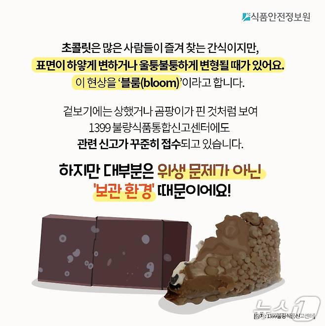 식품안전정보원은 초콜릿 표면에 나타나는 하얀 막의 원인과 안전성에 대해 소비자가 올바르게 이해할 수 있도록 관련 내용의 카드뉴스를 제작·배포한다고 28일 밝혔다.(식품안전정보원 제공)